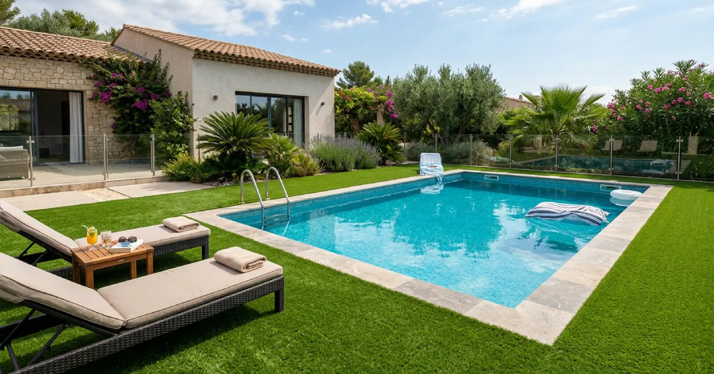 Artificial grass around a pool - resistance to chlorine, water and intense sunlight